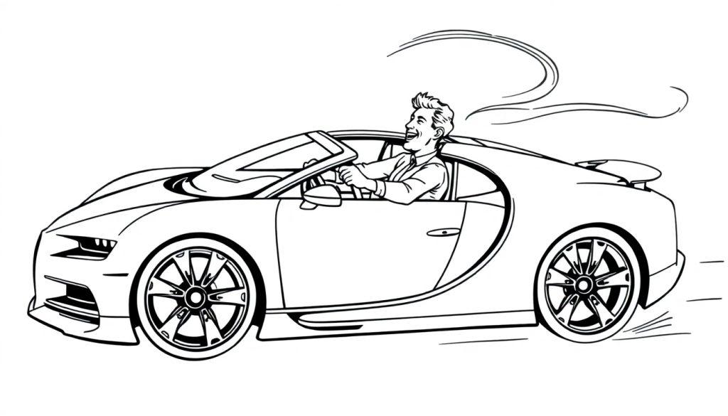 Kleurplaat van een lachende man in een Bugatti-achtige sportwagen.
