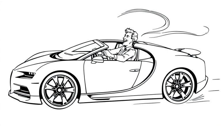 Kleurplaat van een lachende man in een Bugatti-achtige sportwagen.