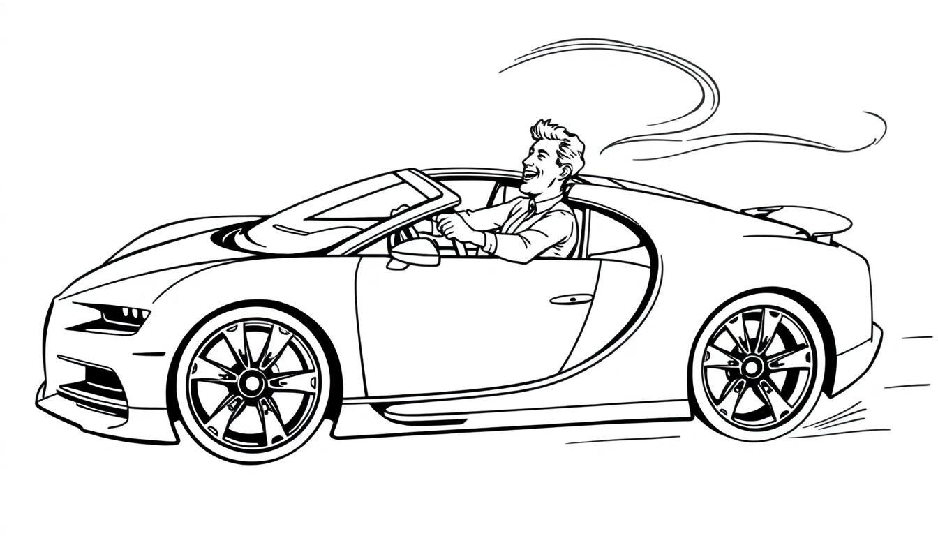 Kleurplaat van een lachende man in een Bugatti-achtige sportwagen.