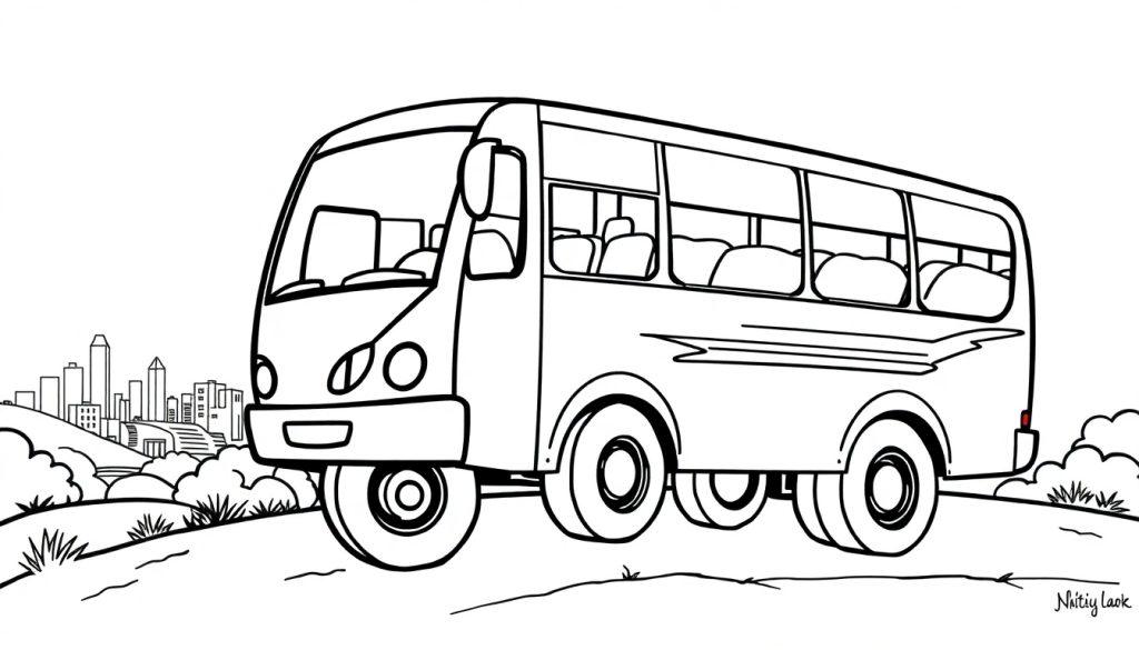 Kleurplaat van een bus die een heuvel oprijdt met een stad in de verte.