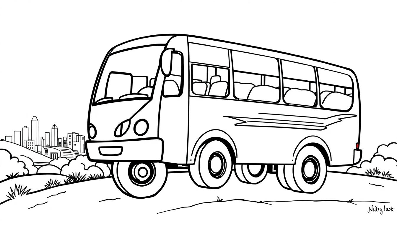 Kleurplaat van een bus die een heuvel oprijdt met een stad in de verte.