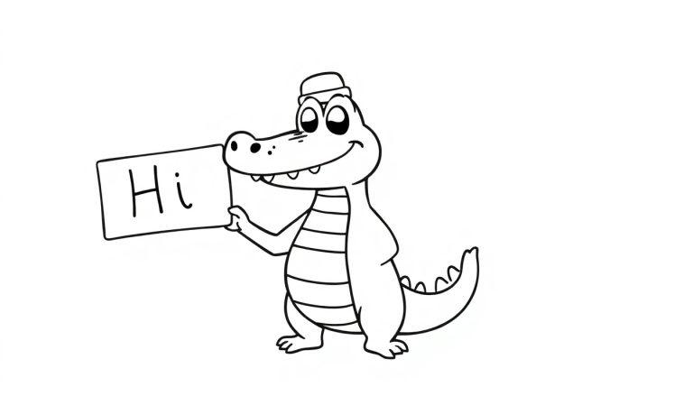 Kleurplaat van een vrolijke krokodil die 'Hoi' zegt.