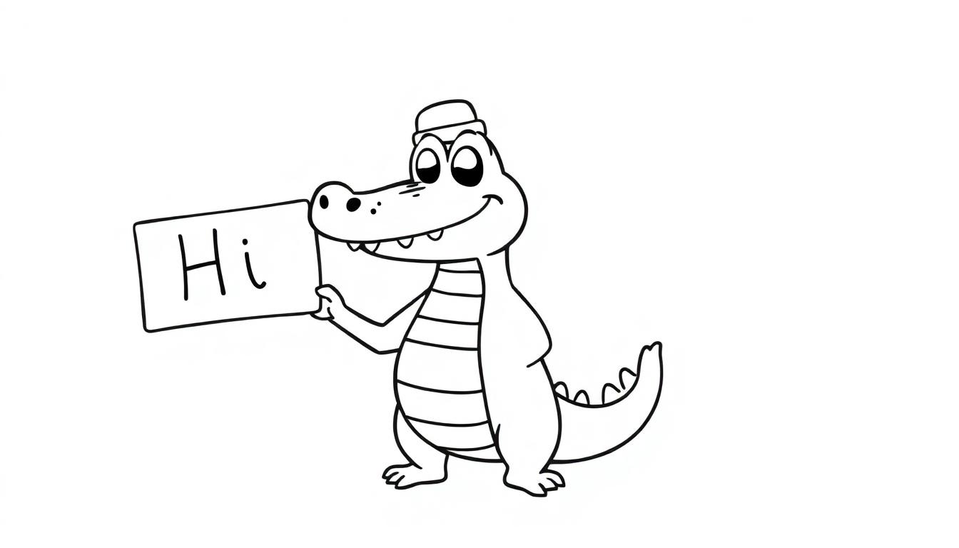 Kleurplaat van een vrolijke krokodil die 'Hoi' zegt.