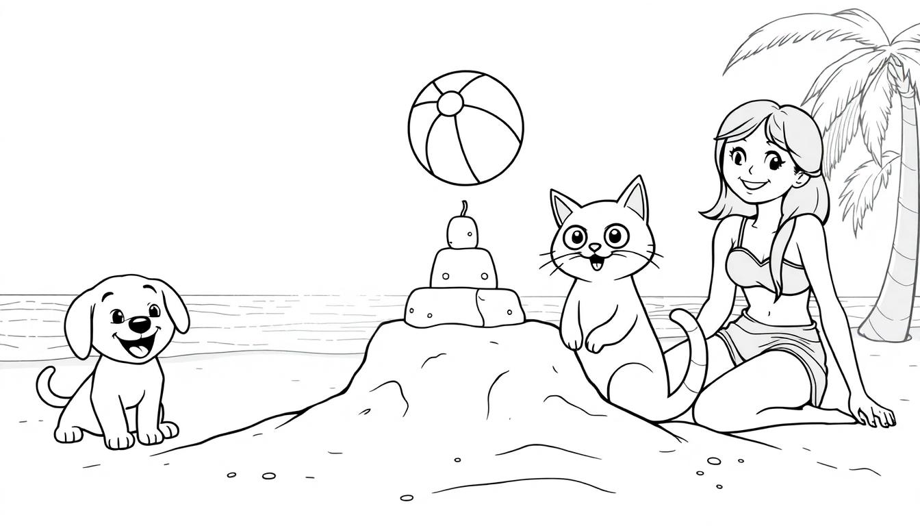 Kleurplaat van een puppy met bot, poes en mevrouw op het strand.