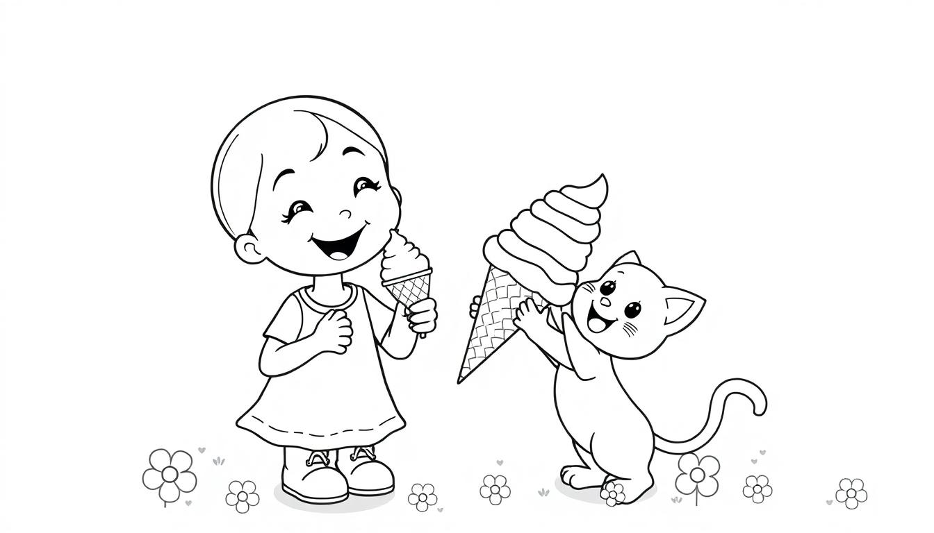 Kleurplaat van een meisje en kat die ijsjes likken.