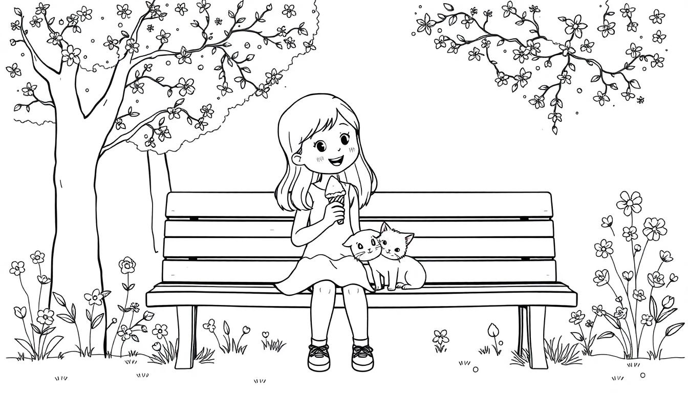 Meisje met ijsje en kittens, kleurplaat.