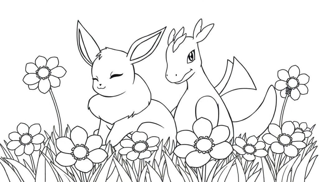 Eevee en Dragonair kleurplaat in een bloemenveld