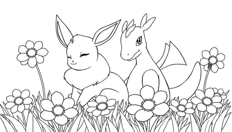 Eevee en Dragonair kleurplaat in een bloemenveld