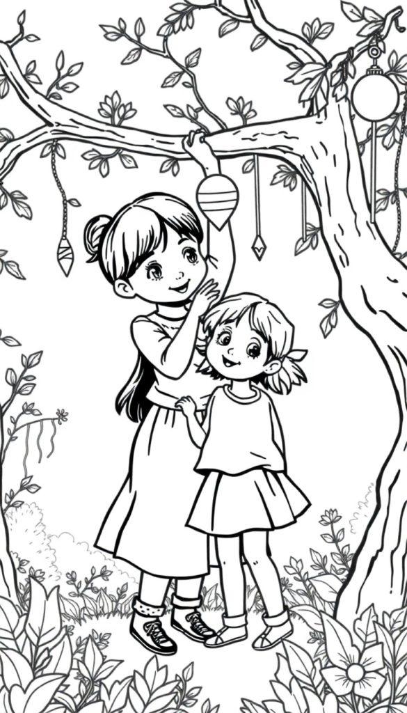 Kleurplaat van twee meisjes die plezier hebben in een feestelijk bos.