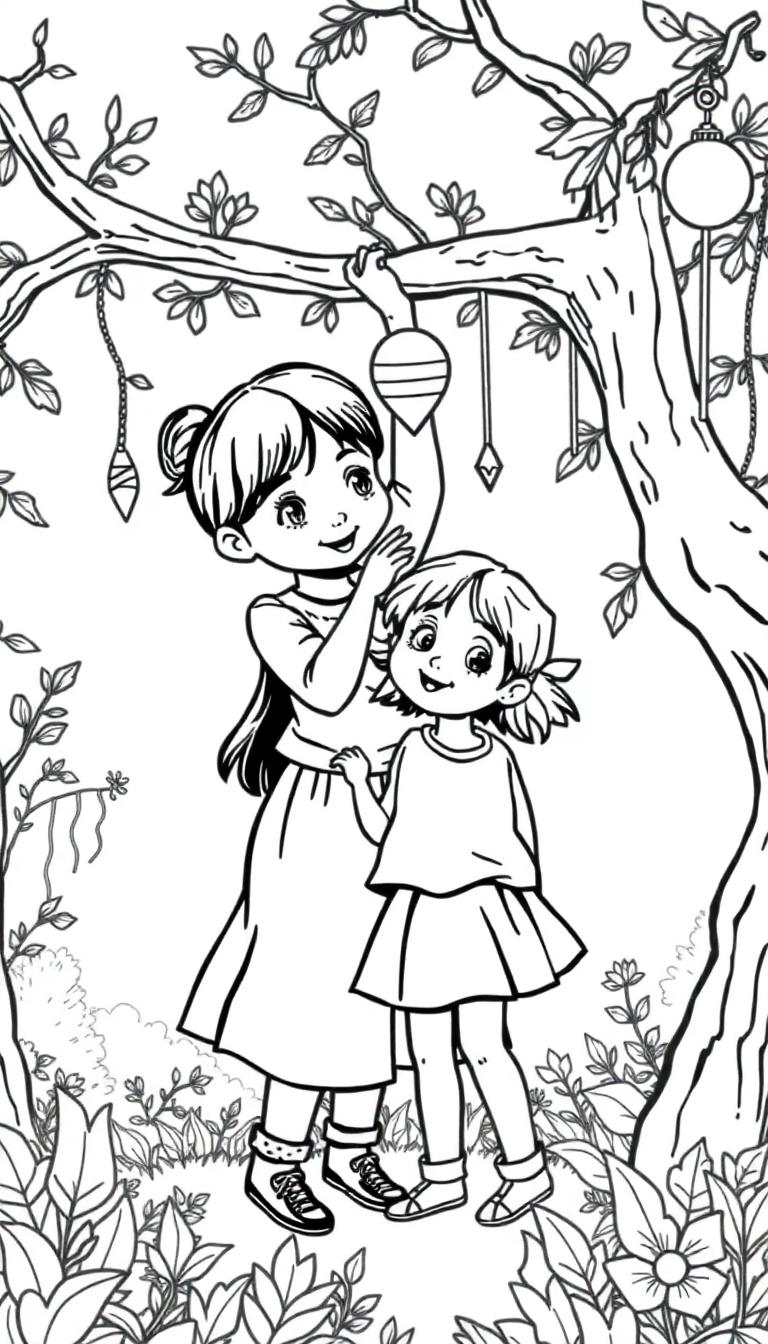 Kleurplaat van twee meisjes die plezier hebben in een feestelijk bos.