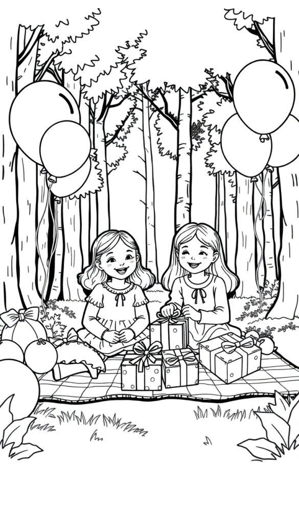 Kleurplaat van twee vrolijke meisjes die een feestje vieren in het bos.