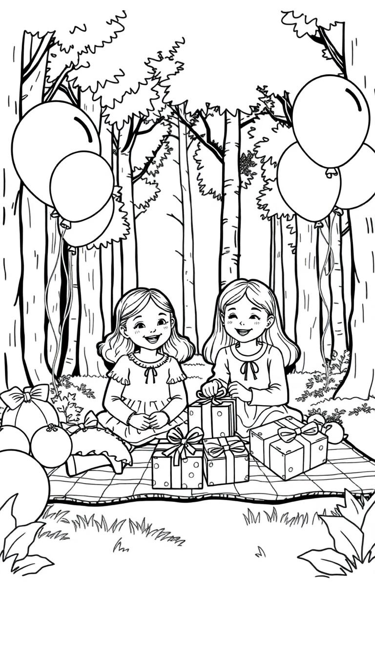 Kleurplaat van twee vrolijke meisjes die een feestje vieren in het bos.