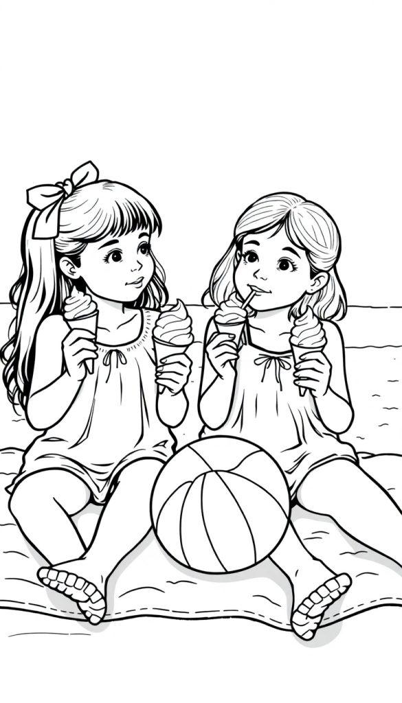 Kleurplaat van twee meisjes, 4 en 8 jaar oud, die samen ijs eten op het strand.