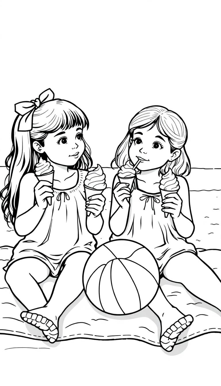 Kleurplaat van twee meisjes, 4 en 8 jaar oud, die samen ijs eten op het strand.