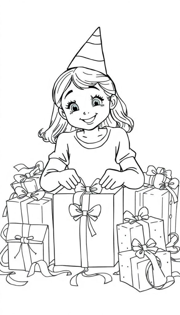 Kleurplaat van een 12-jarig meisje dat cadeaus uitpakt op haar verjaardag.