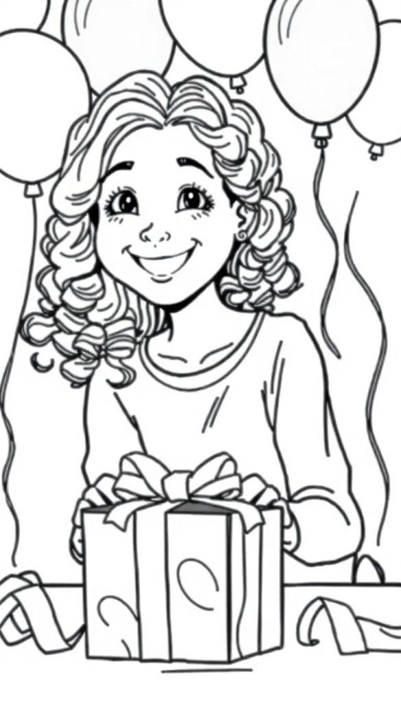 Kleurplaat van een 12-jarig meisje met krullen, ballonnen en een cadeau.