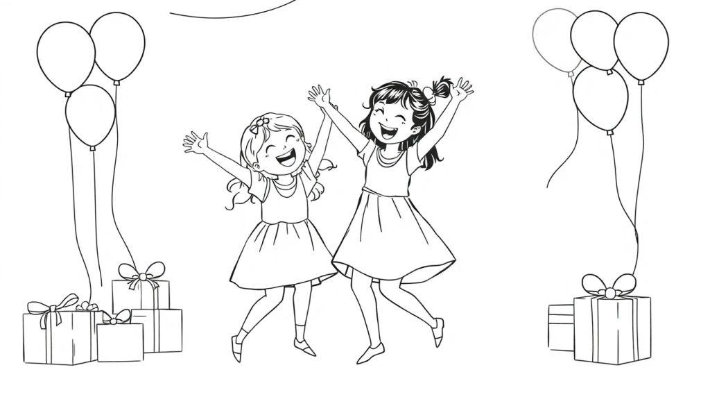 Kleurplaat van twee dansende meisjes op een feestje met ballonnen en cadeautjes.