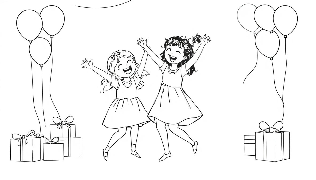 Kleurplaat van twee dansende meisjes op een feestje met ballonnen en cadeautjes.