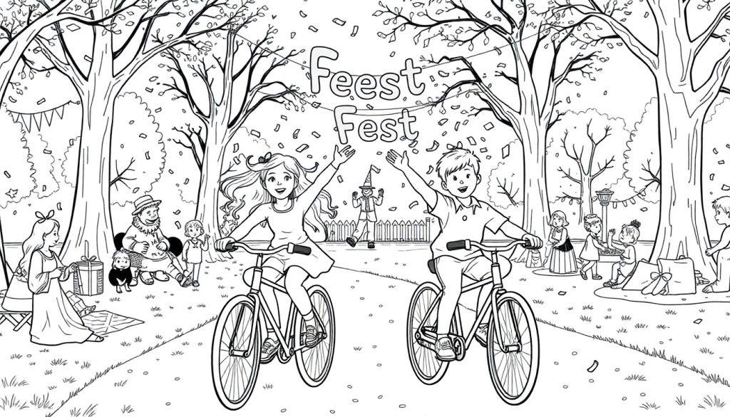 Kleurplaat van een meisje en jongetje die feestelijk fietsen.