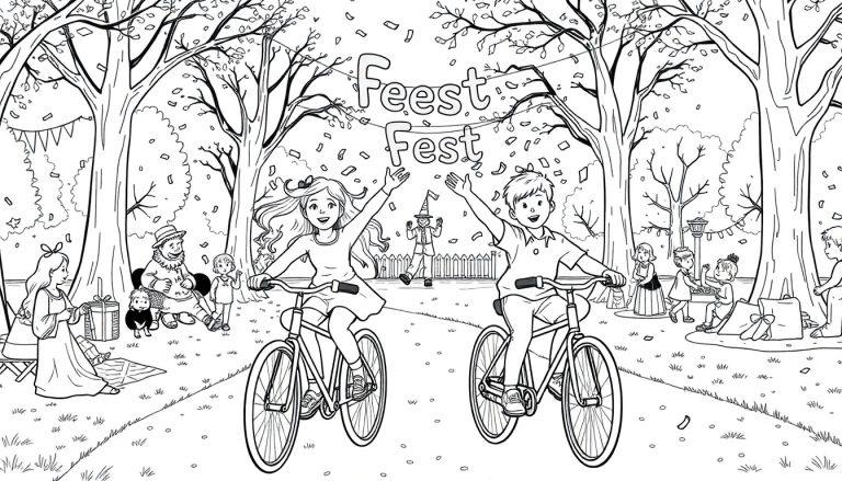 Kleurplaat van een meisje en jongetje die feestelijk fietsen.