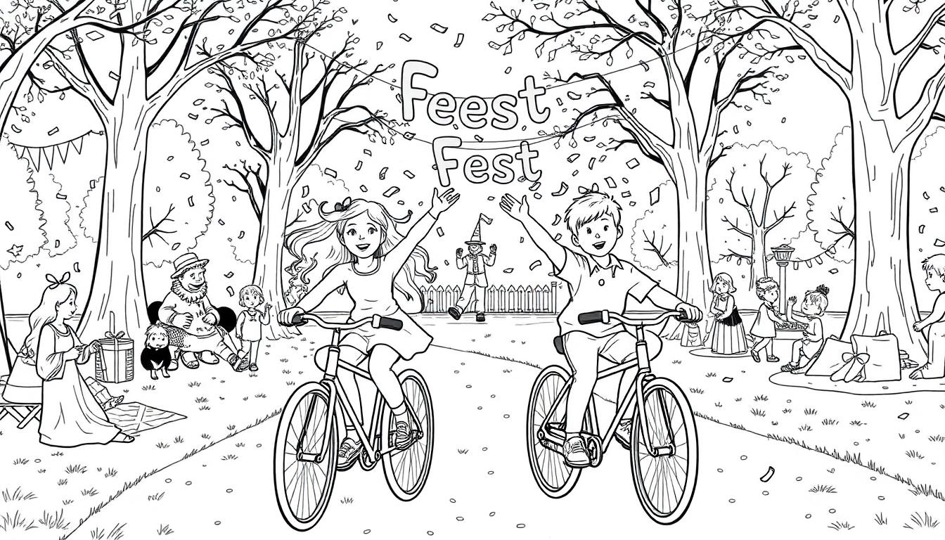 Kleurplaat van een meisje en jongetje die feestelijk fietsen.