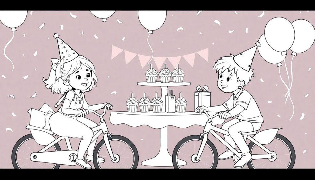 Kleurplaat van een verjaardagsfeestje met fietsende kinderen.