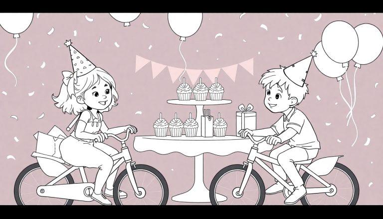 Kleurplaat van een verjaardagsfeestje met fietsende kinderen.