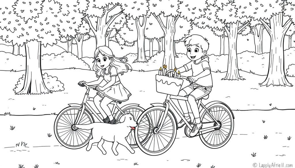 Kleurplaat van een meisje, jongetje en hond die fietsen met een taart.