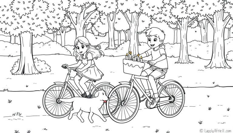 Kleurplaat van een meisje, jongetje en hond die fietsen met een taart.