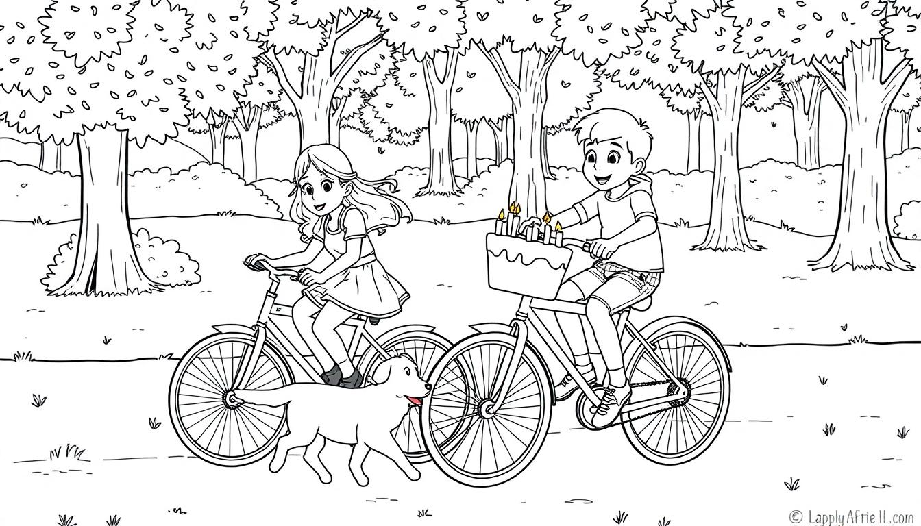 Kleurplaat van een meisje, jongetje en hond die fietsen met een taart.