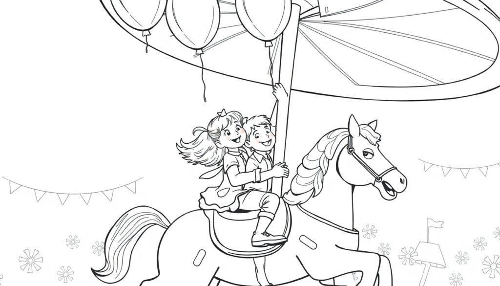 Kleurplaat van een jongen en een meisje op een draaimolenpaard, omringd door ballonnen en slingers.