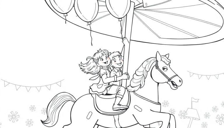 Kleurplaat van een jongen en een meisje op een draaimolenpaard, omringd door ballonnen en slingers.