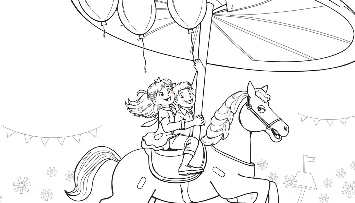 Kleurplaat van een jongen en een meisje op een draaimolenpaard, omringd door ballonnen en slingers.