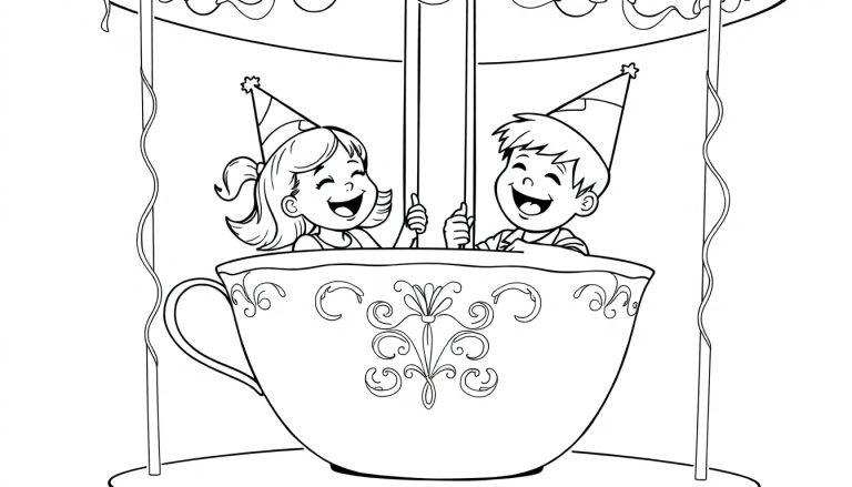 Kleurplaat van een theekopjesattractie met een jongen en een meisje