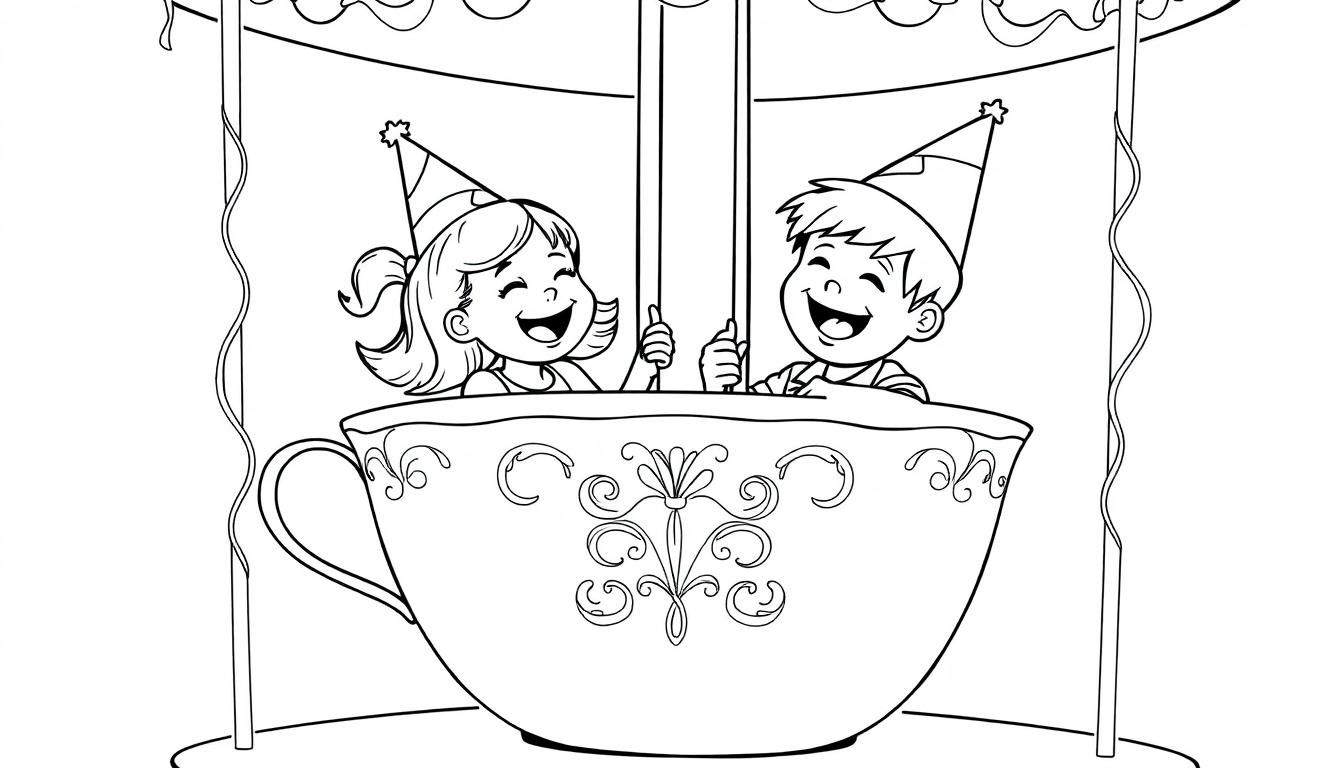 Kleurplaat van een theekopjesattractie met een jongen en een meisje