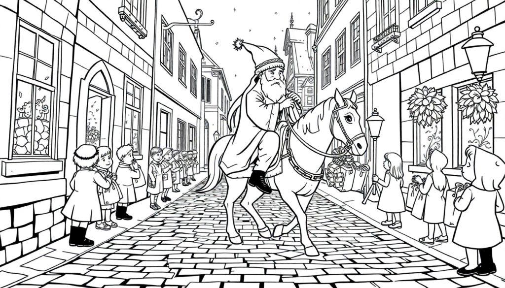 Sinterklaas kleurplaat: Sinterklaas rijdt op zijn paard door de straat, kinderen kijken toe.