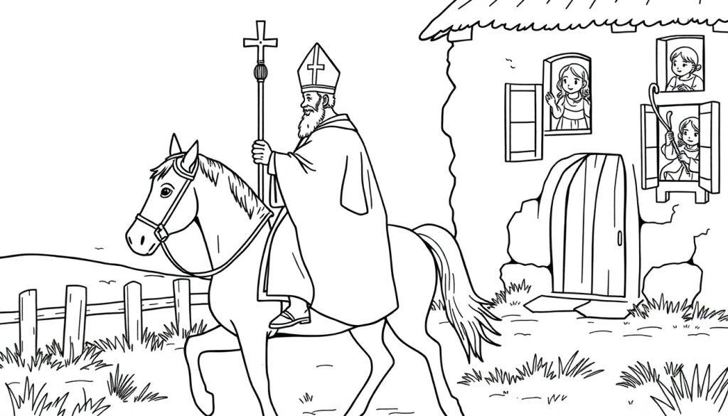 Bisschop op een paard kleurplaat voor kinderen.