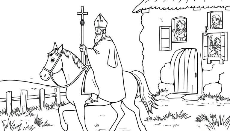 Bisschop op een paard kleurplaat voor kinderen.