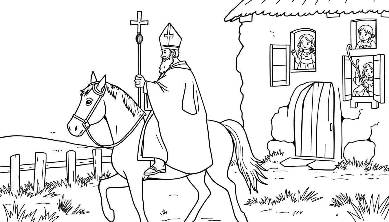 Bisschop op een paard kleurplaat voor kinderen.