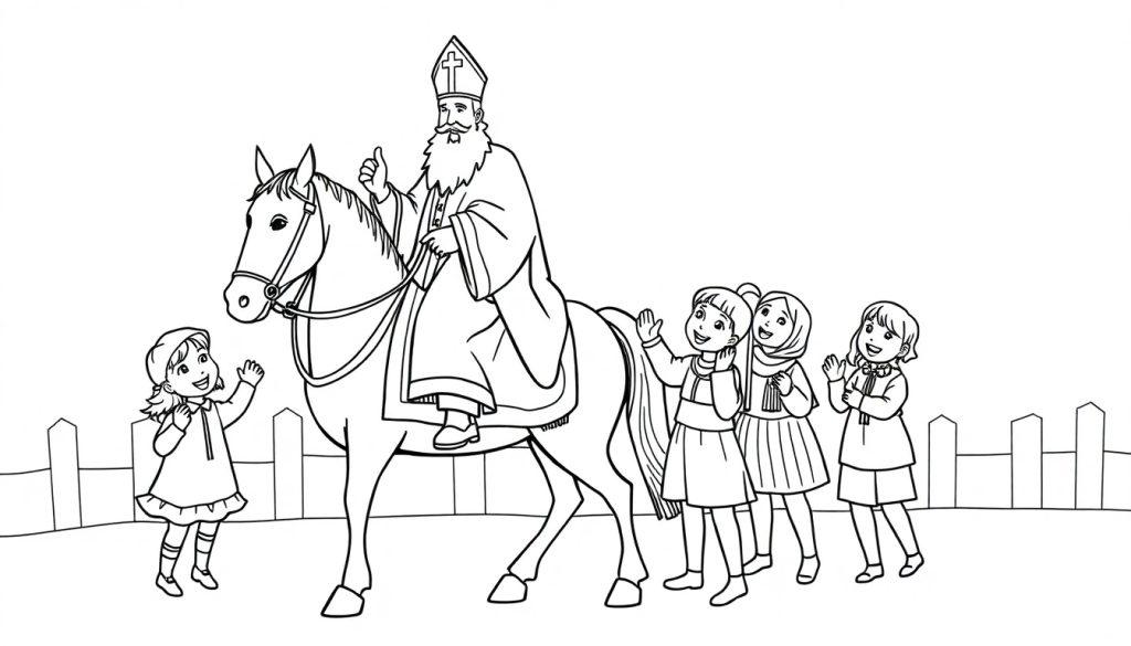Kleurplaat van een bisschop (Sinterklaas) te paard met kinderen.