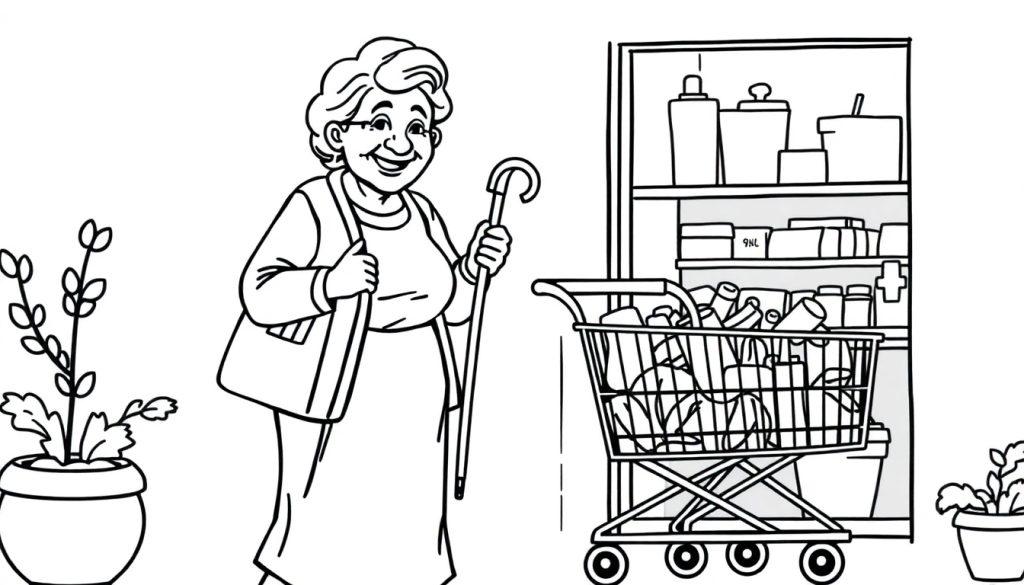 Oma met boodschappenkar en wandelstok kleurplaat.