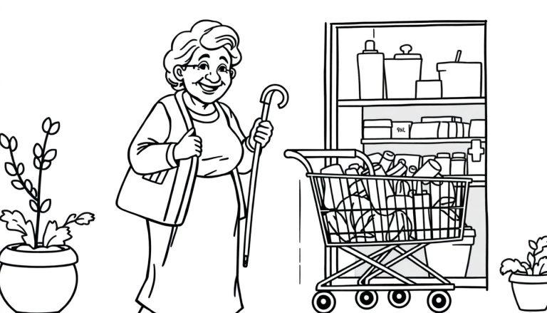 Oma met boodschappenkar en wandelstok kleurplaat.