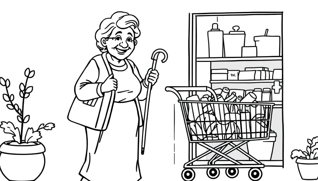 Oma met boodschappenkar en wandelstok kleurplaat.