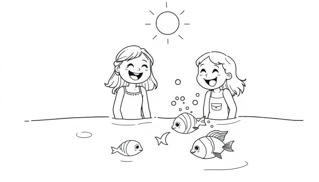 Kleurplaat: Twee lachende meisjes zwemmen met vissen.