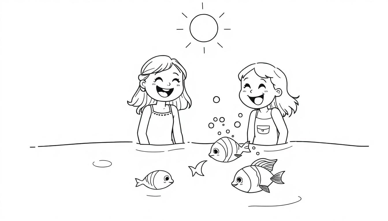 Kleurplaat: Twee lachende meisjes zwemmen met vissen.