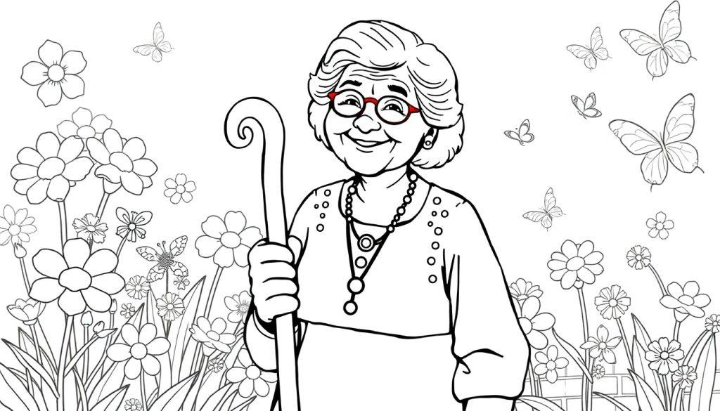 Oma met wandelstok in bloementuin - kleurplaat