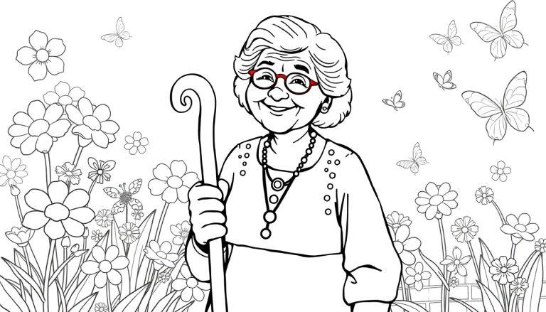 Oma met wandelstok in bloementuin - kleurplaat