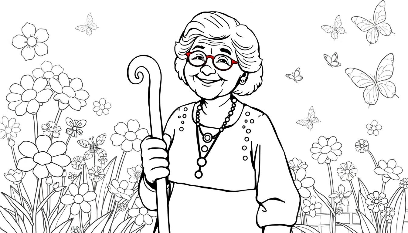 Oma met wandelstok in bloementuin - kleurplaat