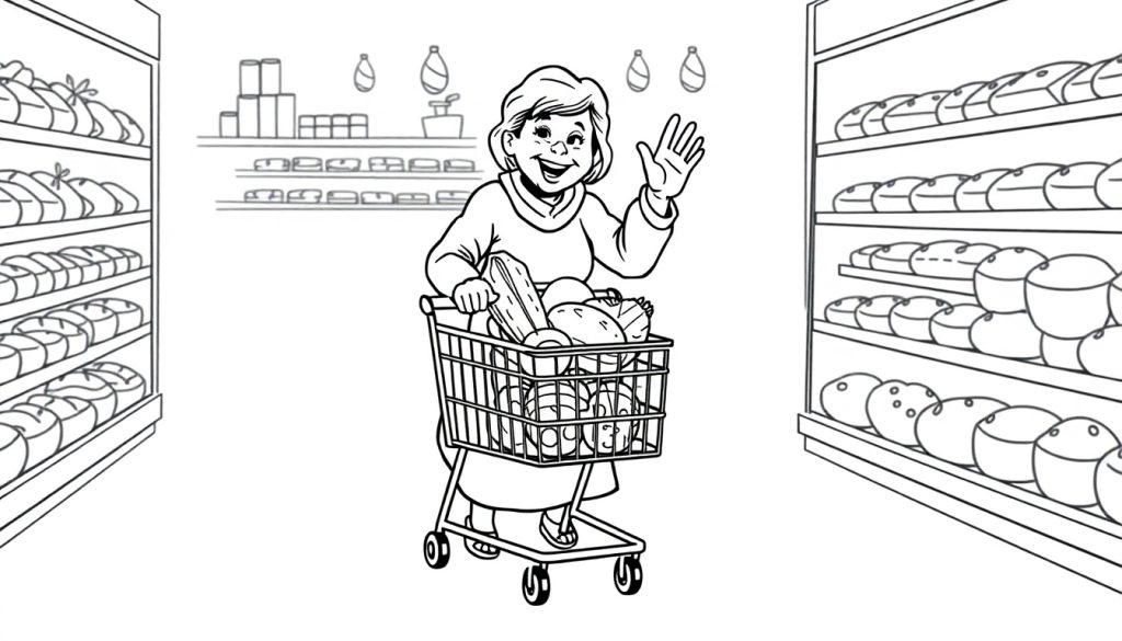 Oma zwaait in de supermarkt, een kleurplaat idee!