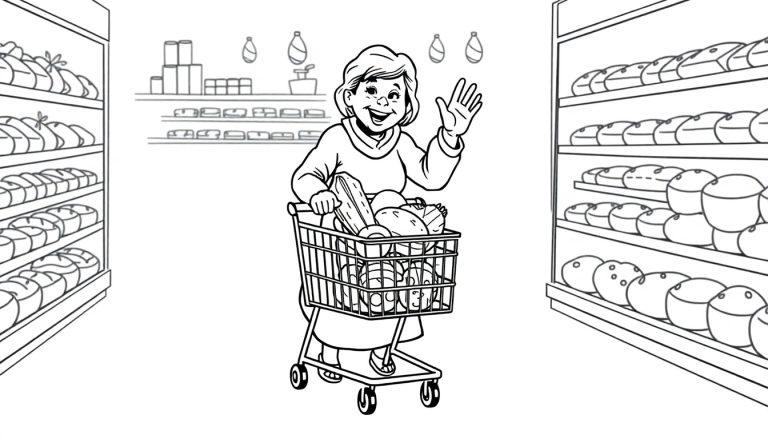 Oma zwaait in de supermarkt, een kleurplaat idee!